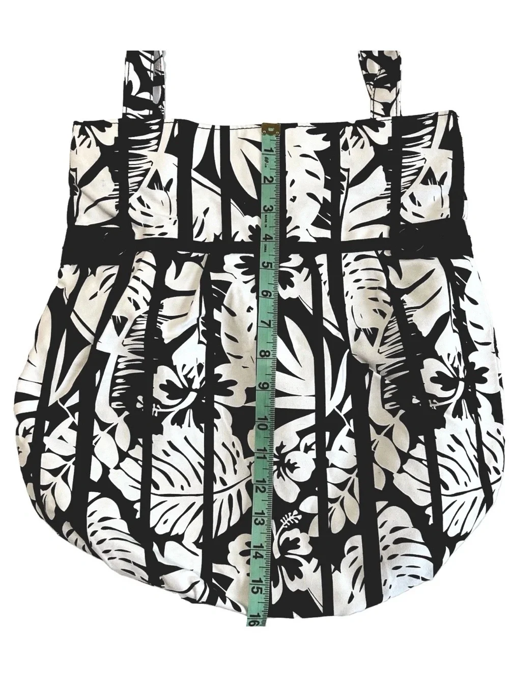 Woman Within Tropical Floral 100% Cotton Tote Black/White Button/Pleated Detail